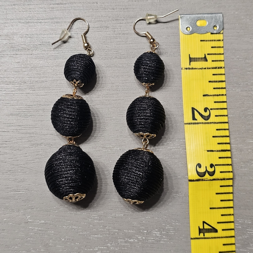 New 3 Tier Black Silk Thread Dangle Drop Ball Earrings - Picture 2 of 4